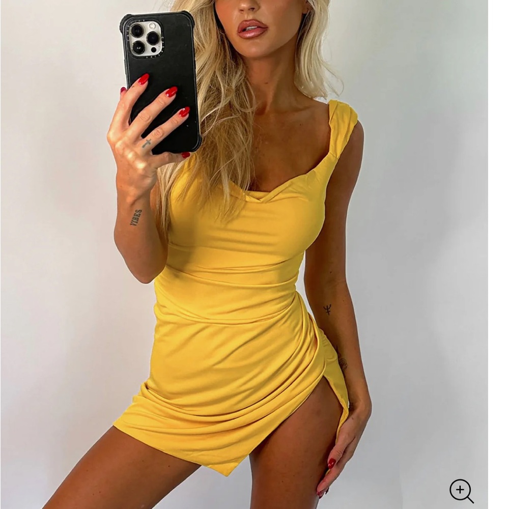 Tiger Mist Yellow Asymmetric Draped Mini Dress